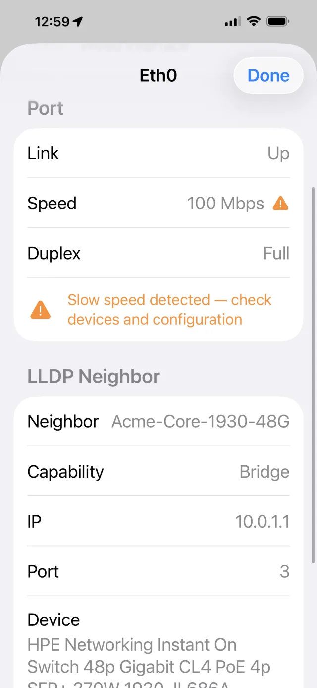 Wired port detail with LLDP neighbour