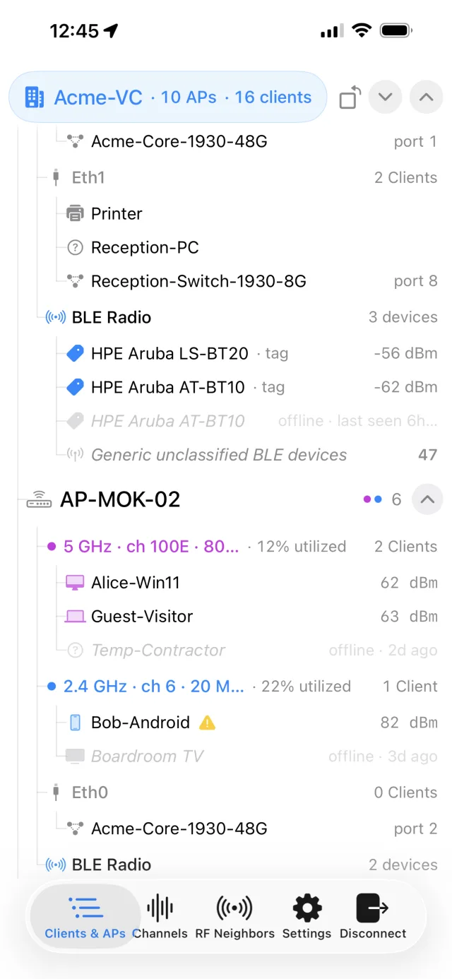 Clients & APs hierarchy tree